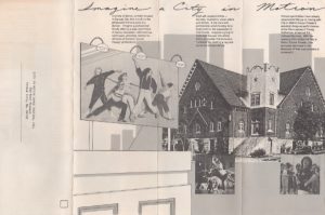 A scanned image of a brochure advertisement featuring dancers and an image of a building.
